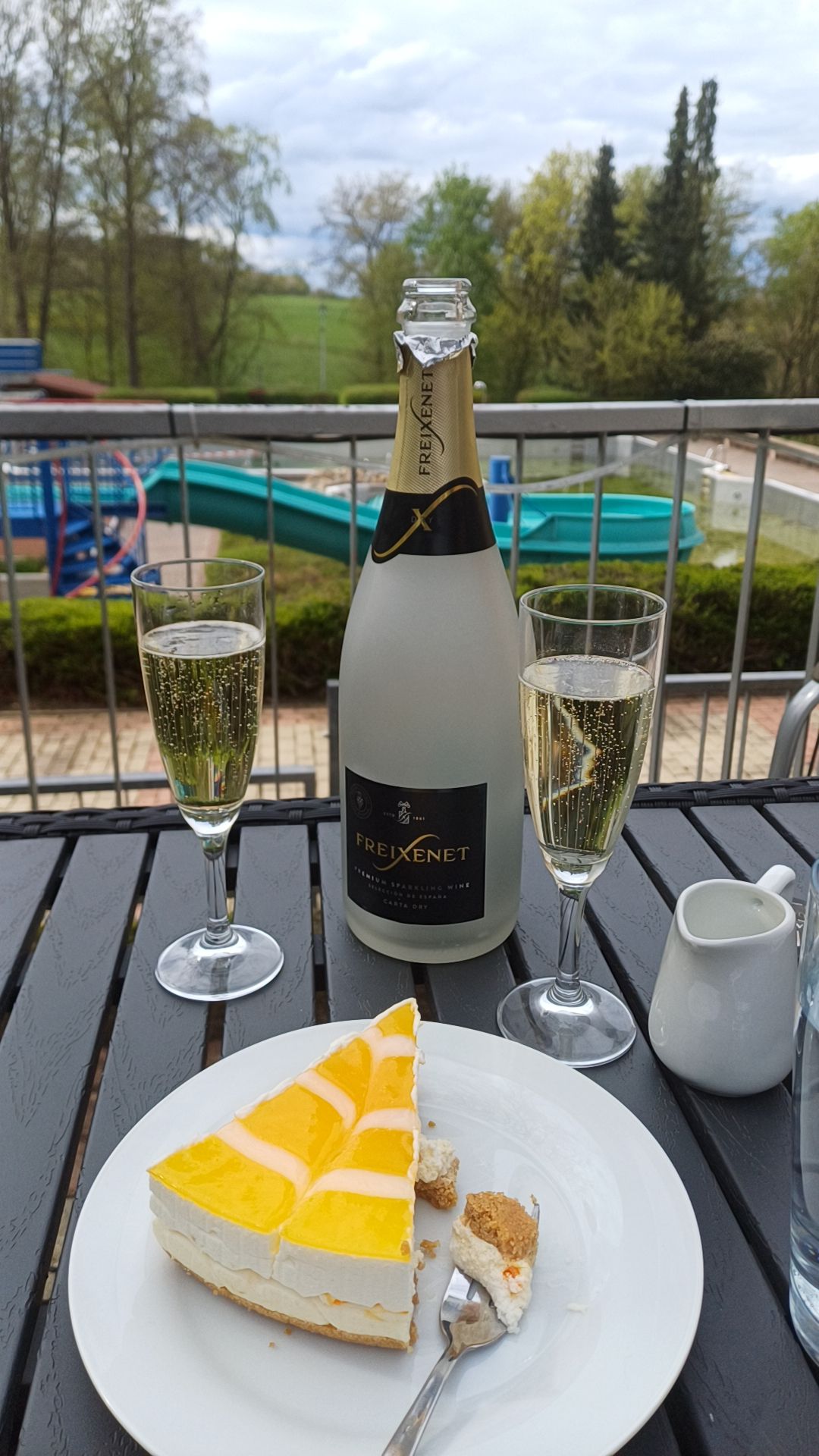 Zwei Sektgläser, Käsekuchen, Flasche Freixenet auf Tisch mit Parkblick.