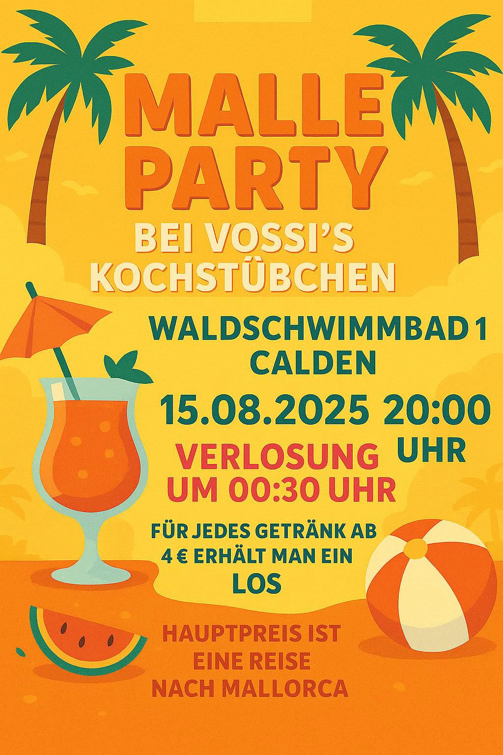 Ein Poster für eine Malle-Party mit bunten Sommermotiven, Palmen und Cocktail.