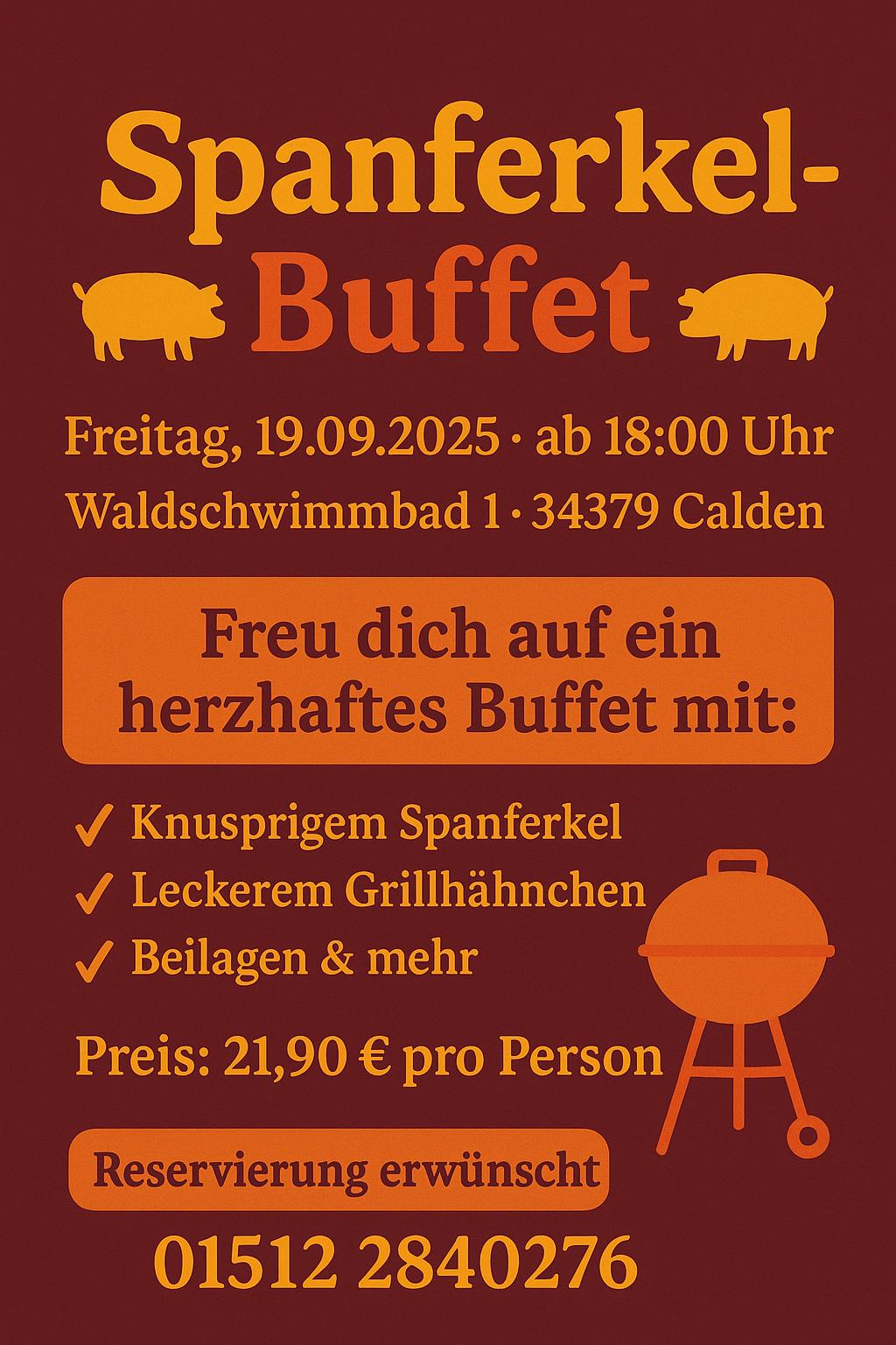 Einladendes Plakat für ein Spanferkel-Buffet mit Grillmotiv und Kontaktdaten.