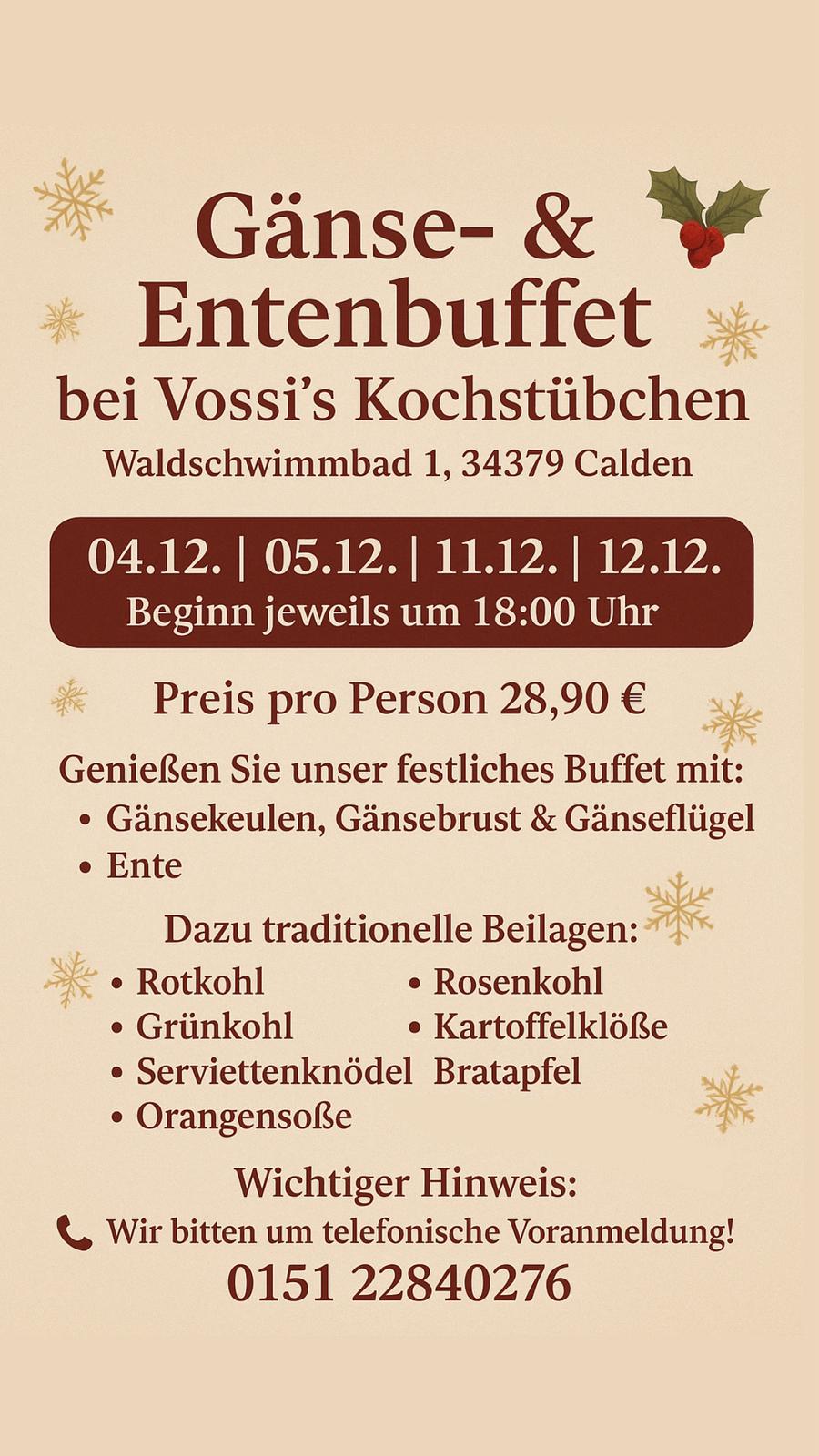 Ein festlich gestaltetes Buffetplakat mit Weihnachtsmotiven und rot goldener Schrift