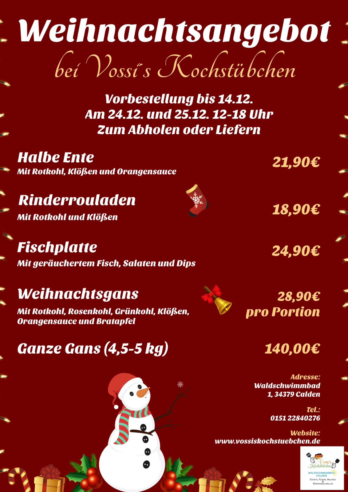 Ein festliches Weihnachtsangebot mit rotem Hintergrund, Speisekarte und einem Schneemann unten