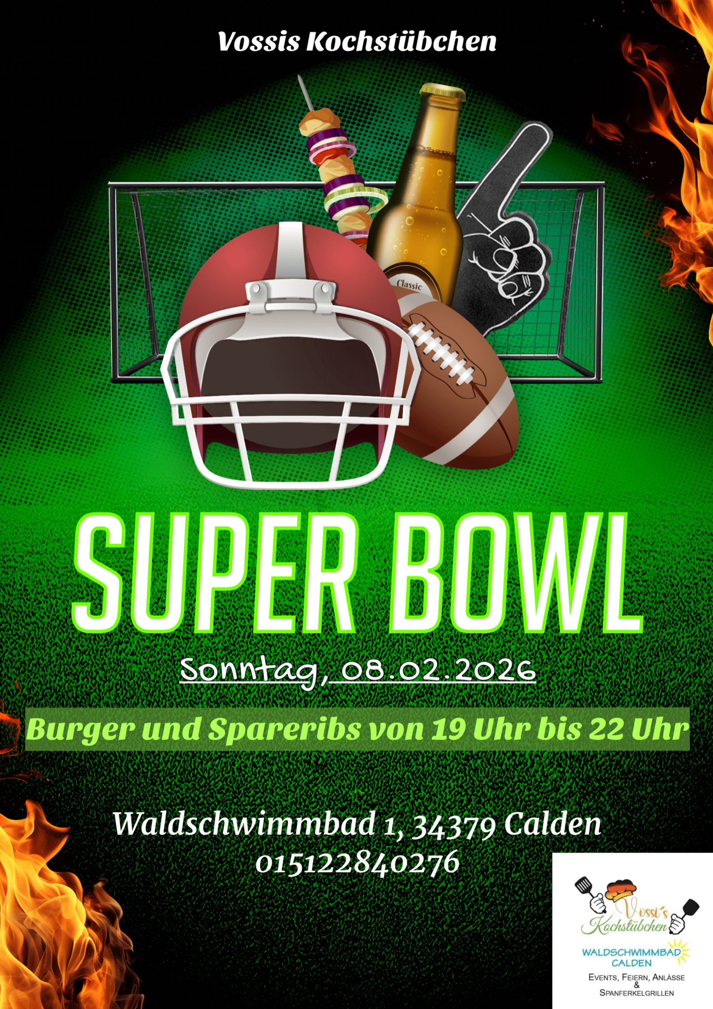 Ein Footballhelm, Burger, Bier und Pommes vor grün leuchtendem Hintergrund mit Super Bowl Schriftzug