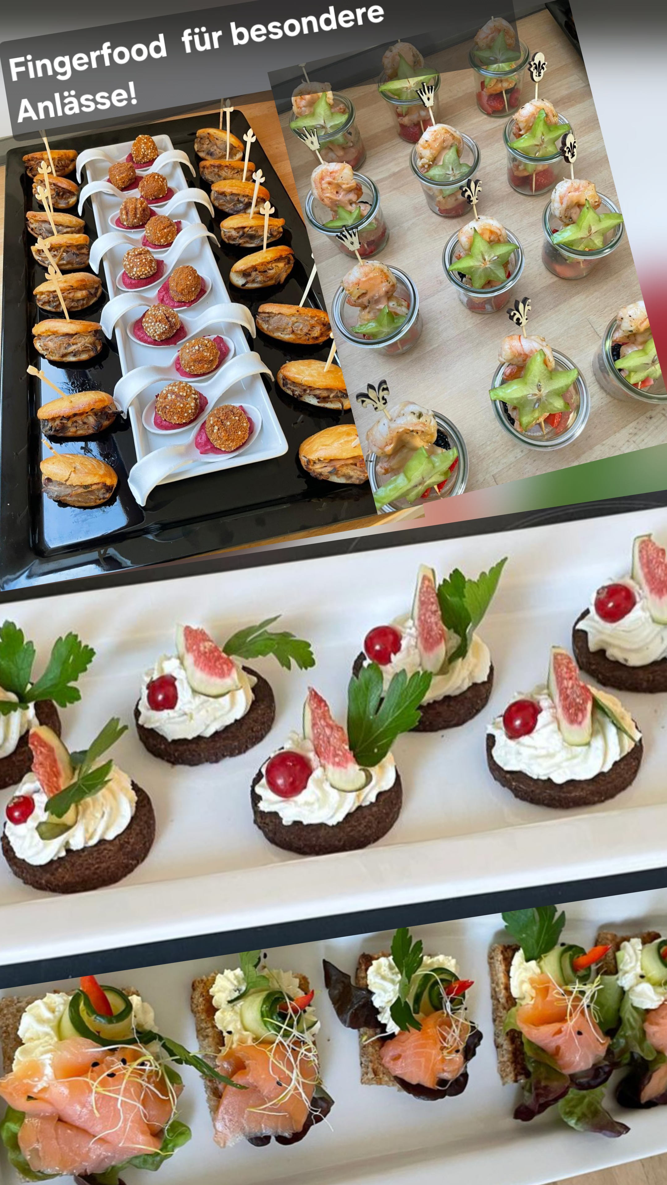 Verschiedenes farbenfrohes Fingerfood mit Lachs, Gemüse, Sahne und frischen Kräutern