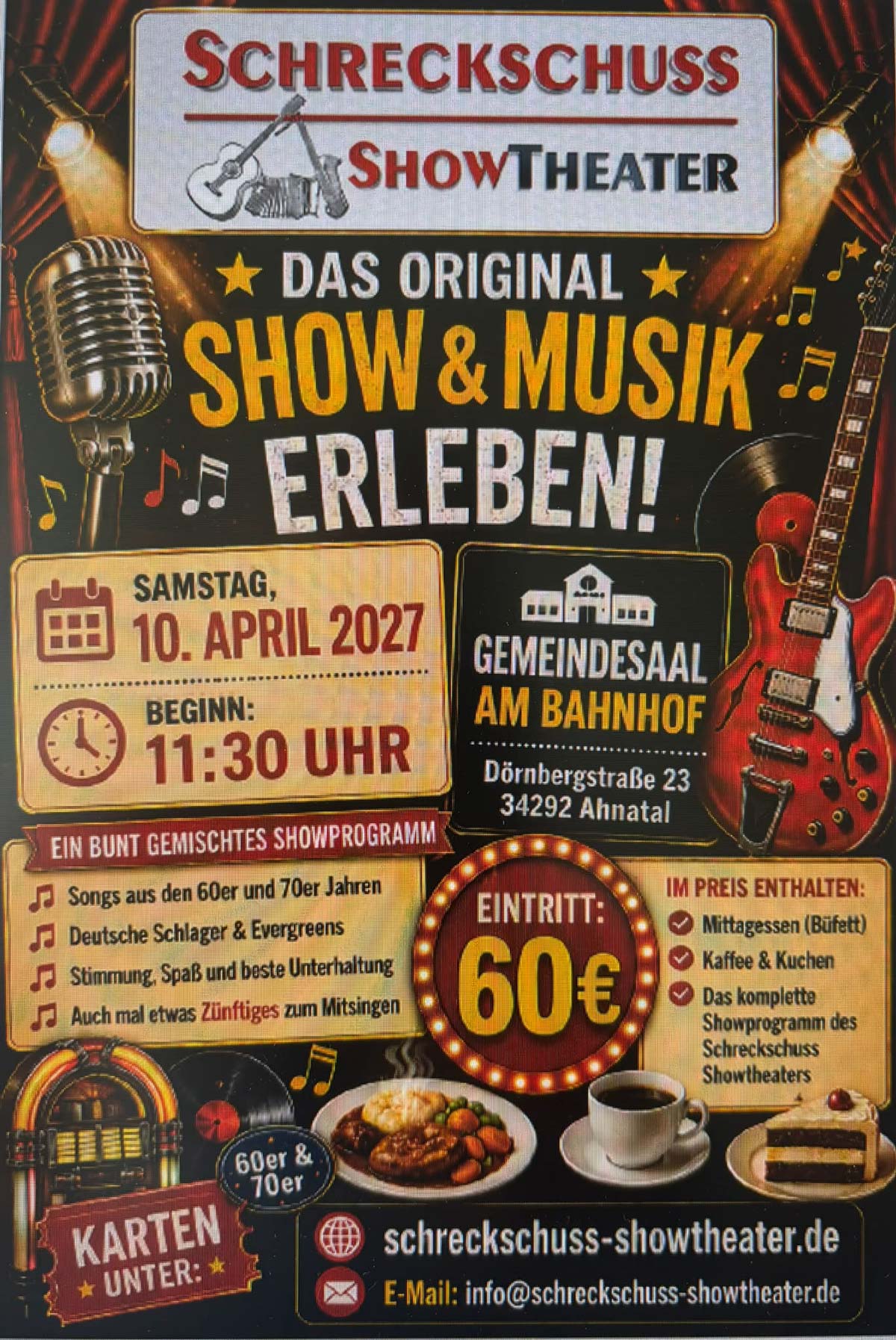 Werbeplakat fuer das Schreckschuss Showtheater mit Mikrofon und Gitarre