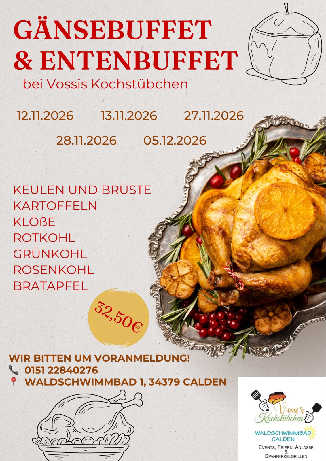 Werbeplakat fuer ein Gaense und Entenbuffet mit goldbraunem Braten auf Silberplatte