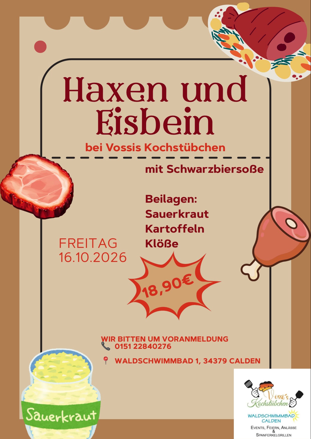 Werbeplakat fuer Haxen und Eisbein mit Fleisch und Sauerkraut Illustrationen